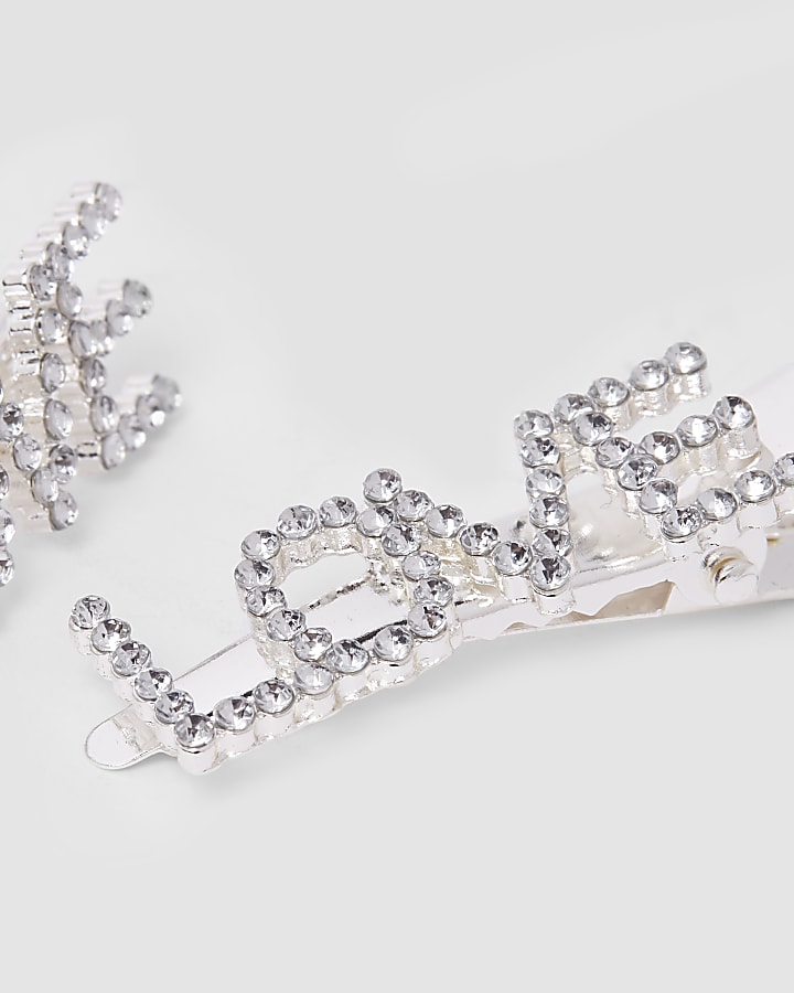 Girls silver tone 'love' diamante hair clips