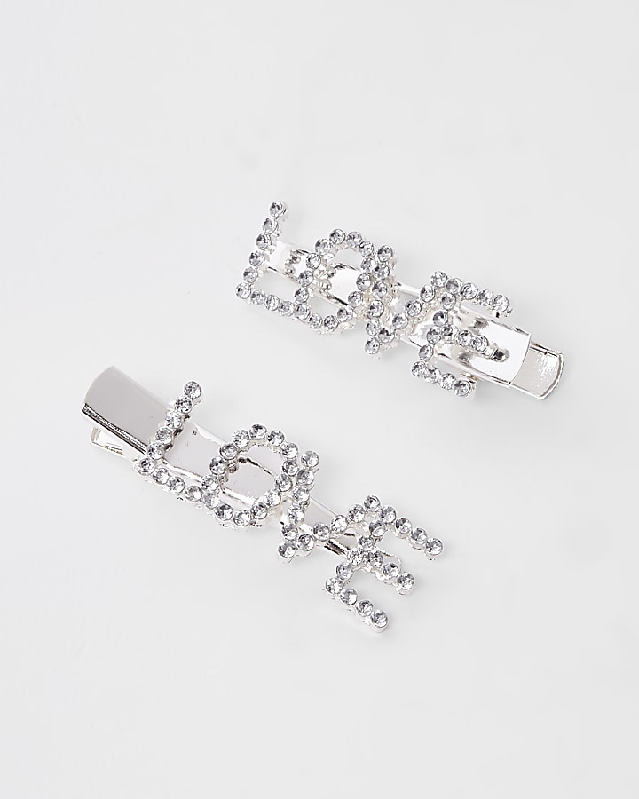 Girls silver tone 'love' diamante hair clips