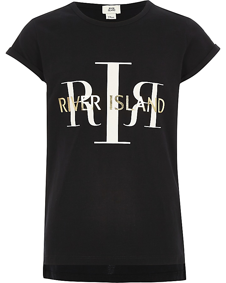 Girls black RI branded step hem T-shirt
