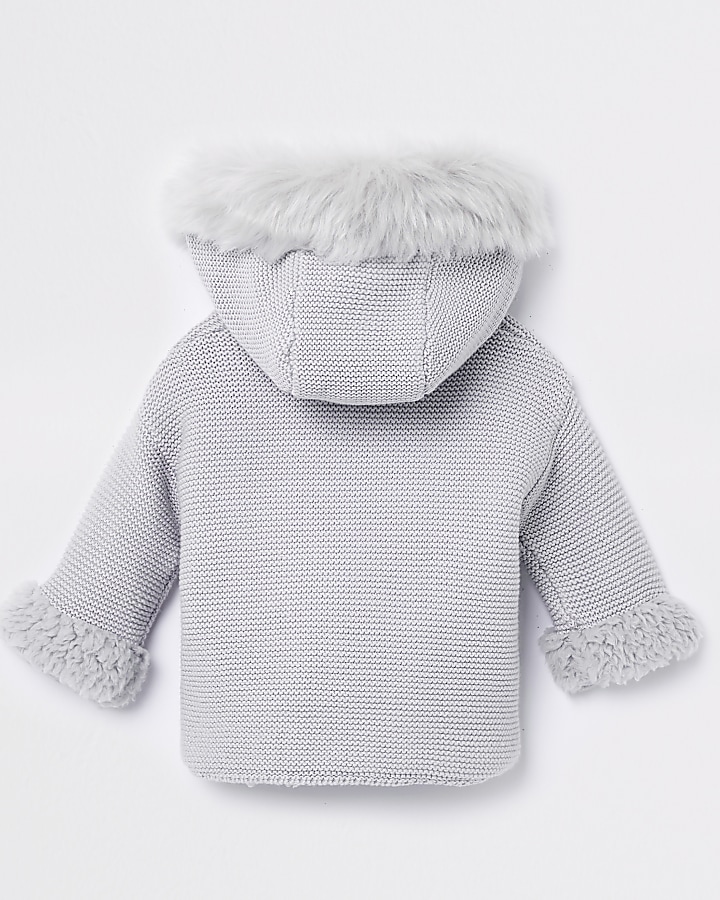Baby grey faux fur knit hooded cardigan