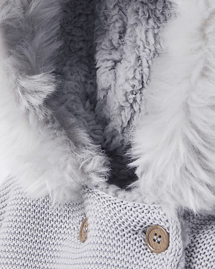 Baby grey faux fur knit hooded cardigan
