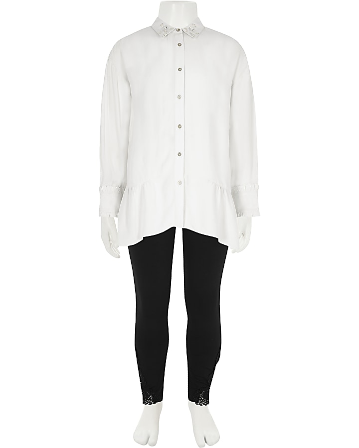 Girls cream longline shirt and leggings set
