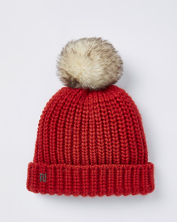 Baby red knit faux fur bobble beanie hat