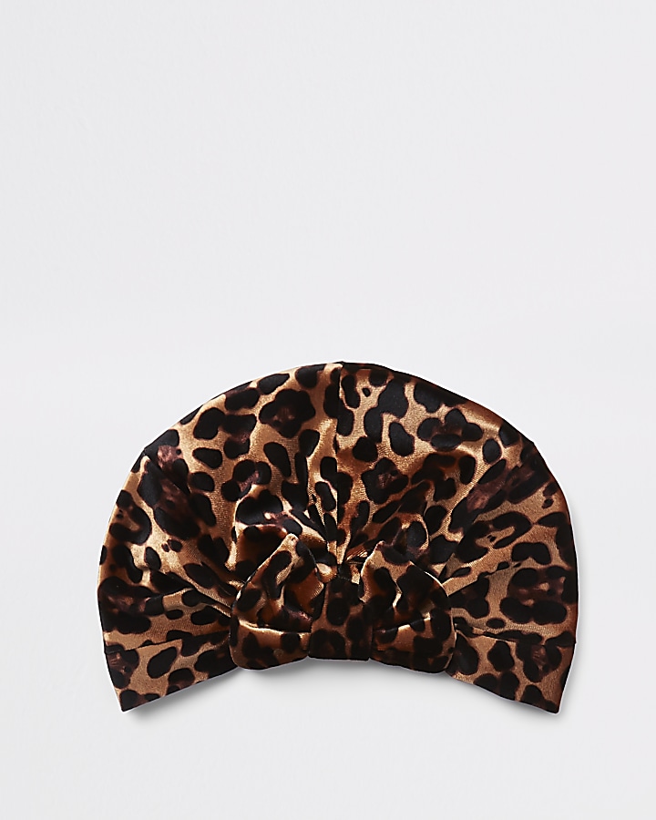 Mini girls brown leopard print bow turban