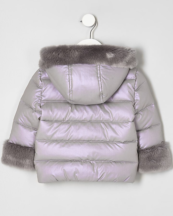 Mini girls purple faux fur trim padded coat