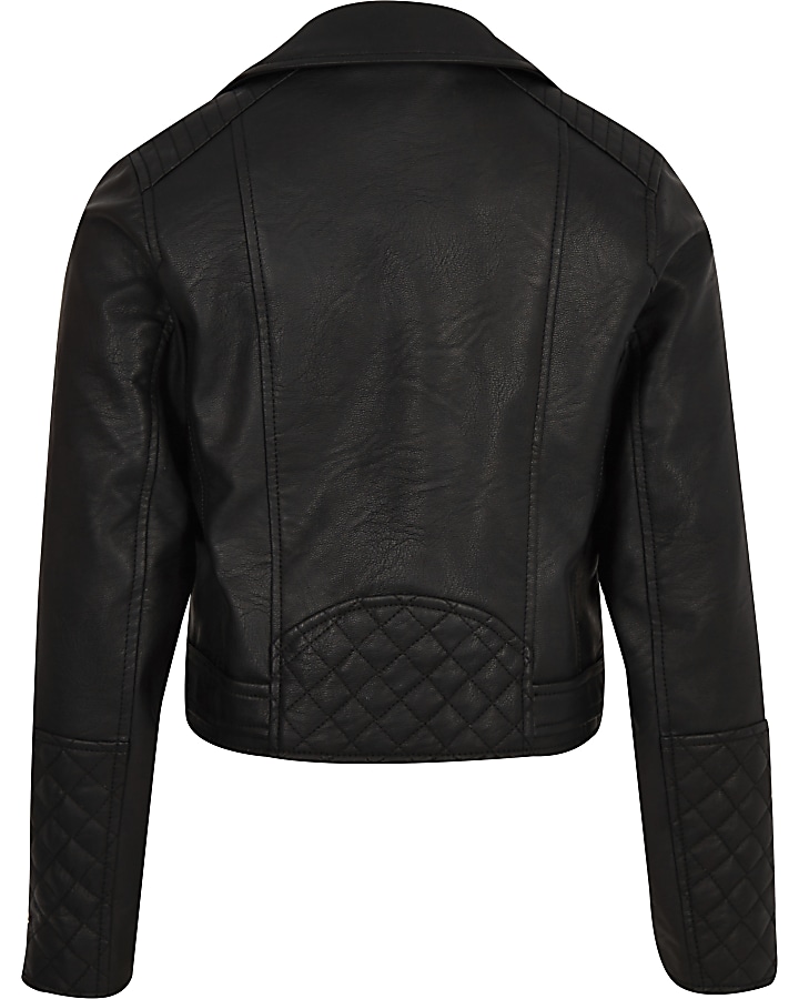 Girls black faux leather quilted biker jacket