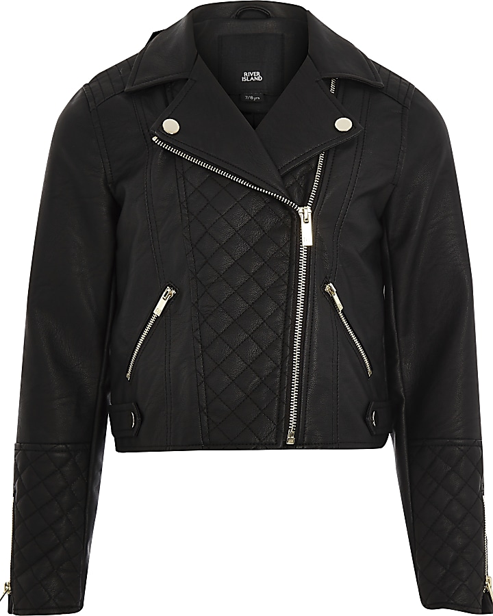 Girls black faux leather quilted biker jacket
