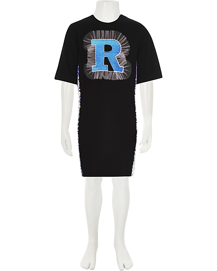 Girls black ‘R’ sequin T-shirt dress