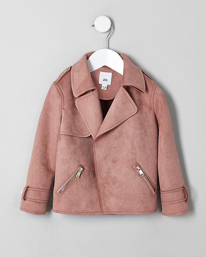 Mini girls pink faux suede trench jacket