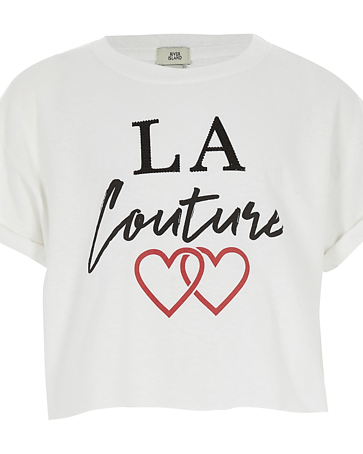 Girls white 'La Couture' cropped T-shirt