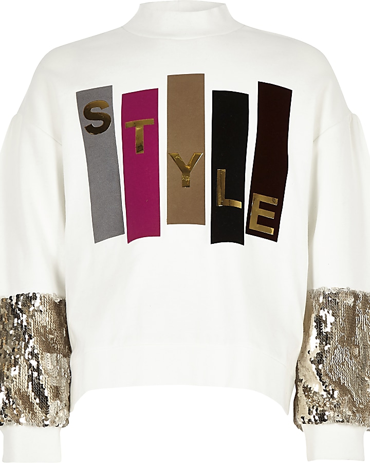 Girls cream ‘Style’ sequin sleeve sweatshirt