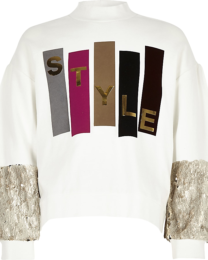 Girls cream ‘Style’ sequin sleeve sweatshirt