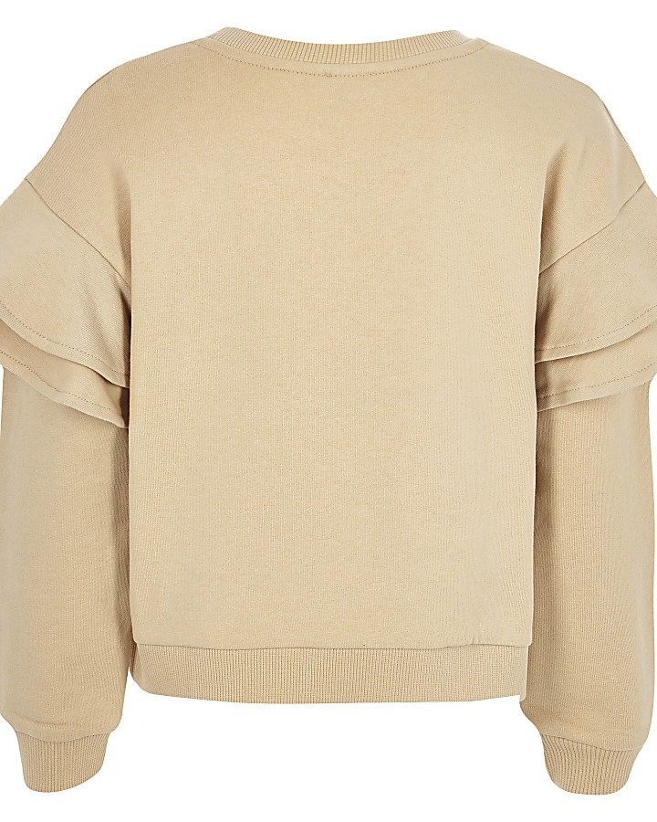 Girls beige ‘fancy’ ruffle sleeve sweatshirt