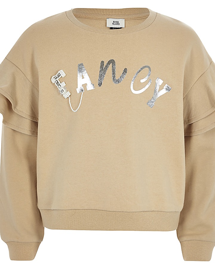 Girls beige ‘fancy’ ruffle sleeve sweatshirt
