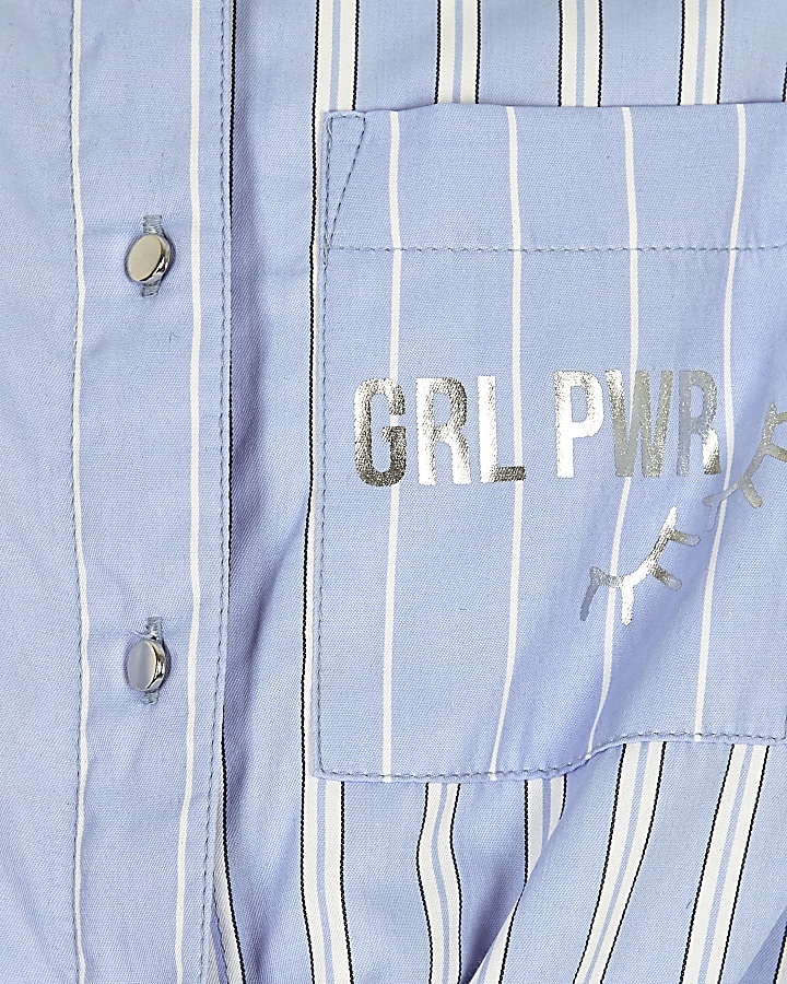 Girls blue stripe tie button-up shirt