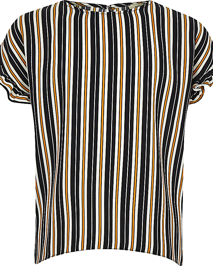 Girls navy stripe frill sleeve T-shirt