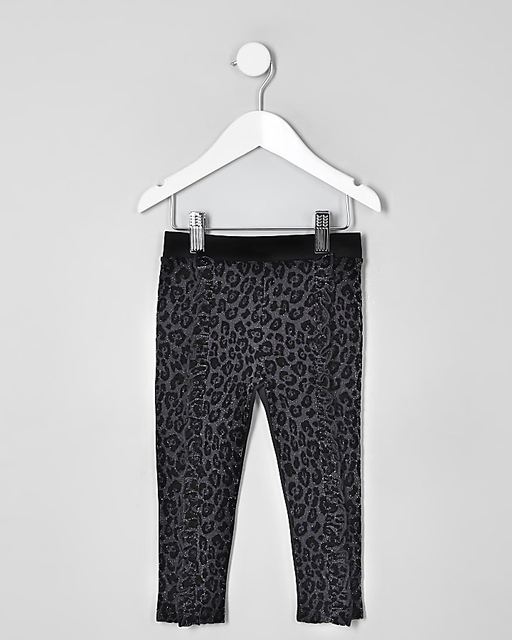 Mini girls black leopard flock print leggings