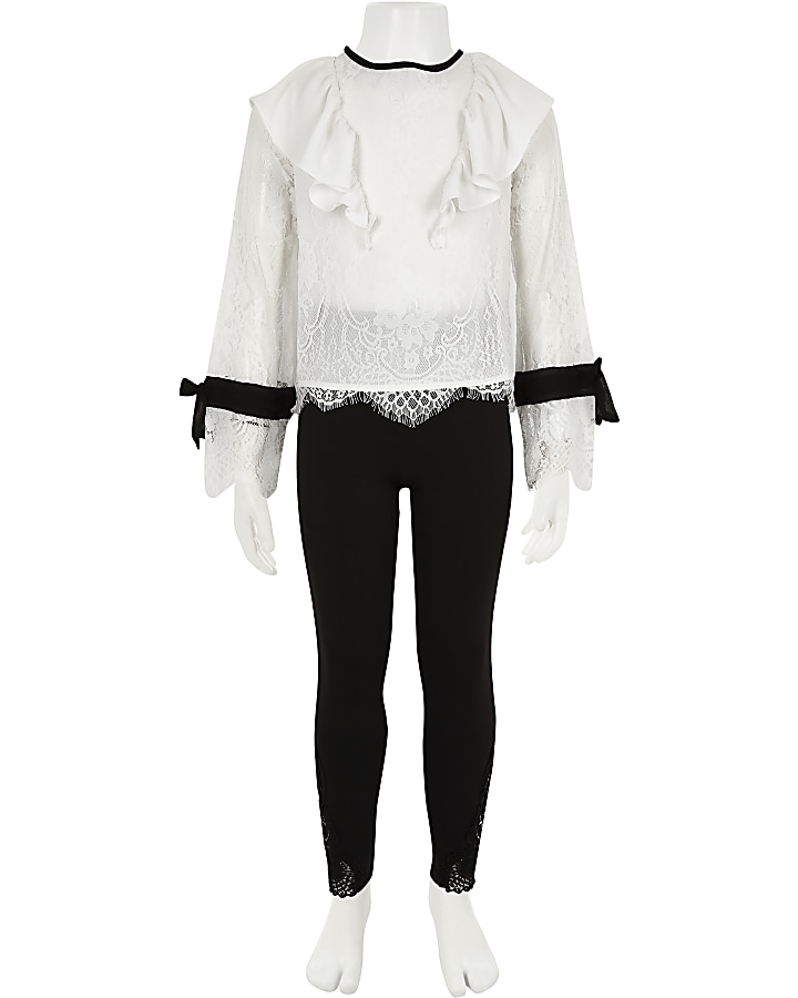 Girls white lace frill top and leggings set