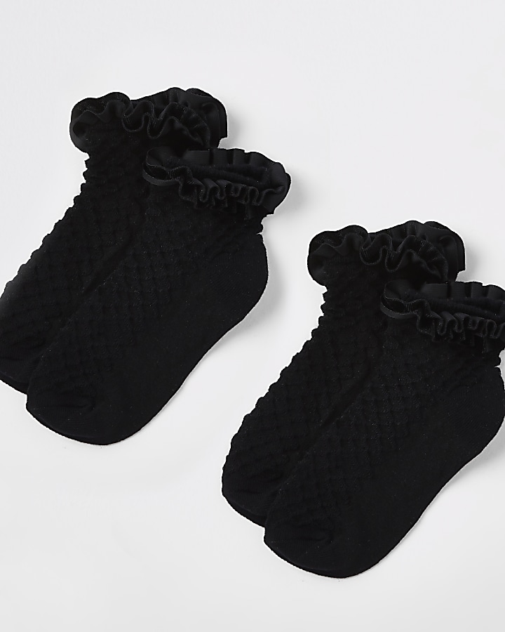 Girls black velvet trim socks multipack