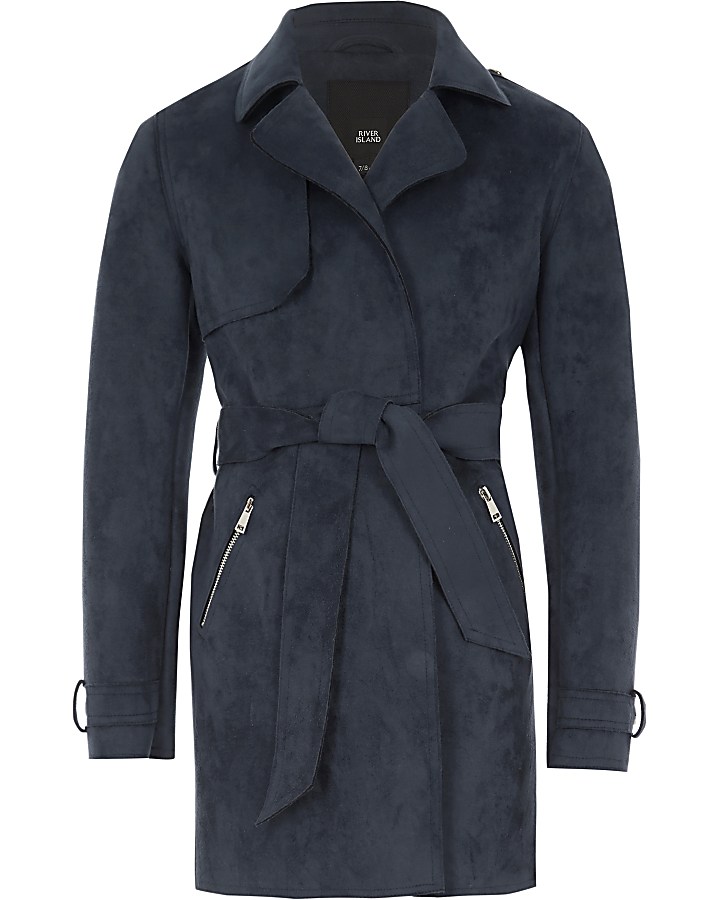 Girls navy faux suede cropped trench jacket
