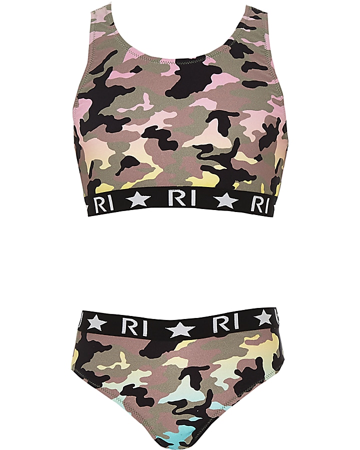 Girls khaki camo print RI bikini set