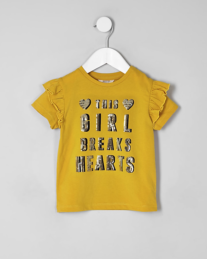 Mini girls yellow sequin frill T-shirt