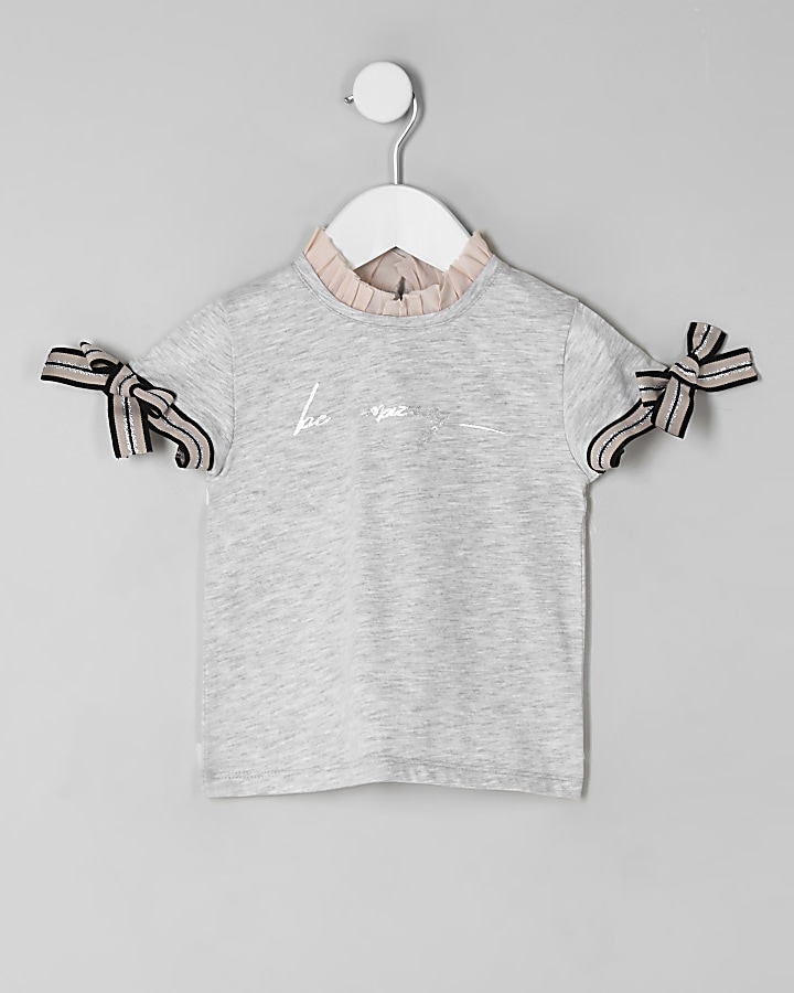 Mini girls grey ‘Be amazing’ frill T-shirt