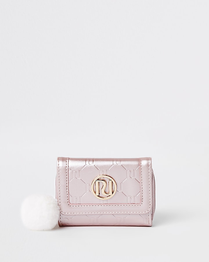 Girls pink metallic RI monogram trifold purse