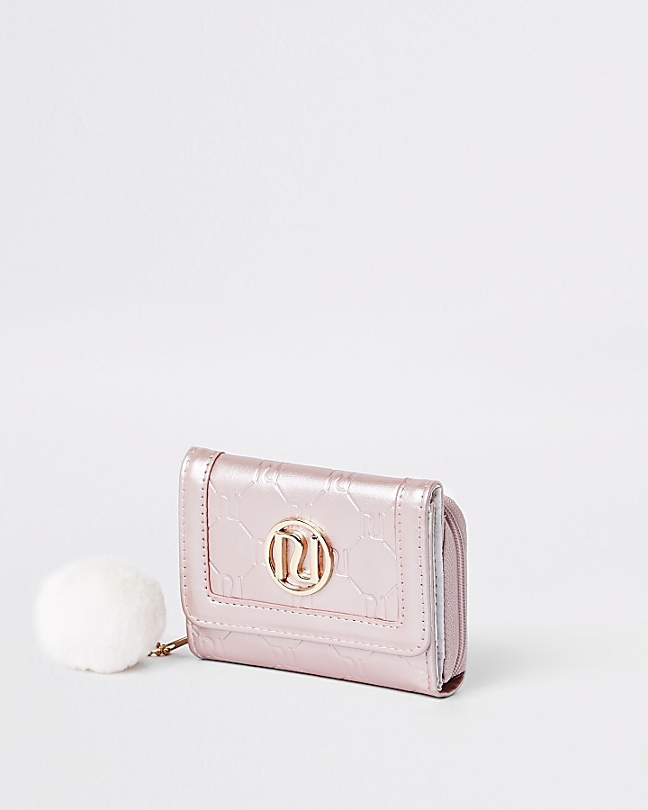 Girls pink metallic RI monogram trifold purse
