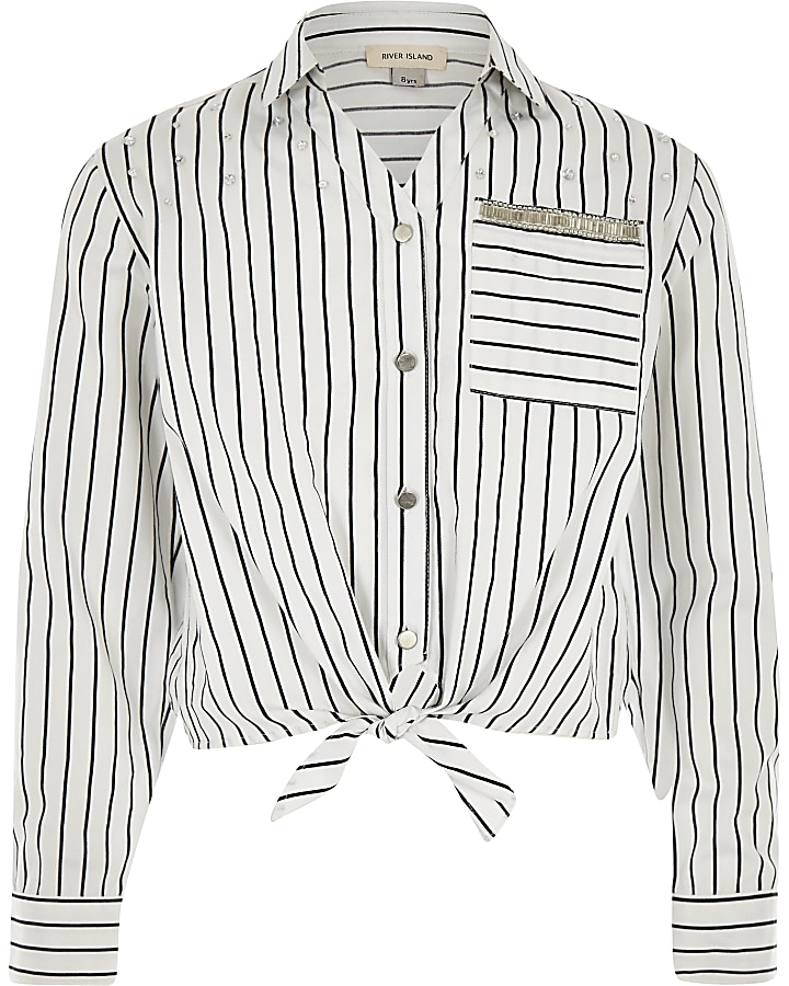 Girls white stripe tie front shirt