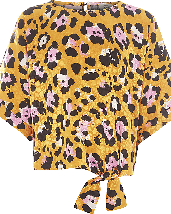 Girls yellow leopard print tie front top