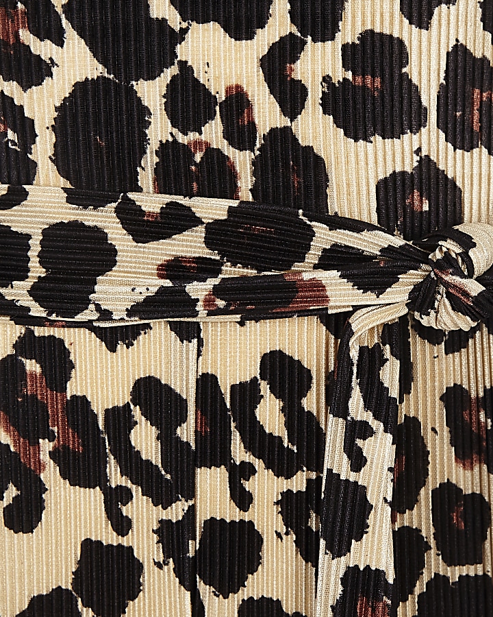 Girls brown plisse leopard print jumpsuit
