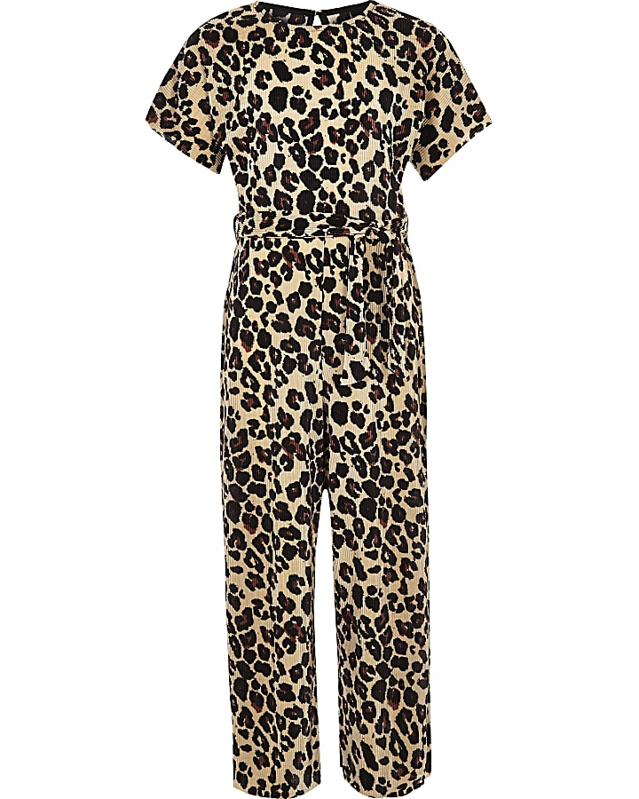 Girls brown plisse leopard print jumpsuit