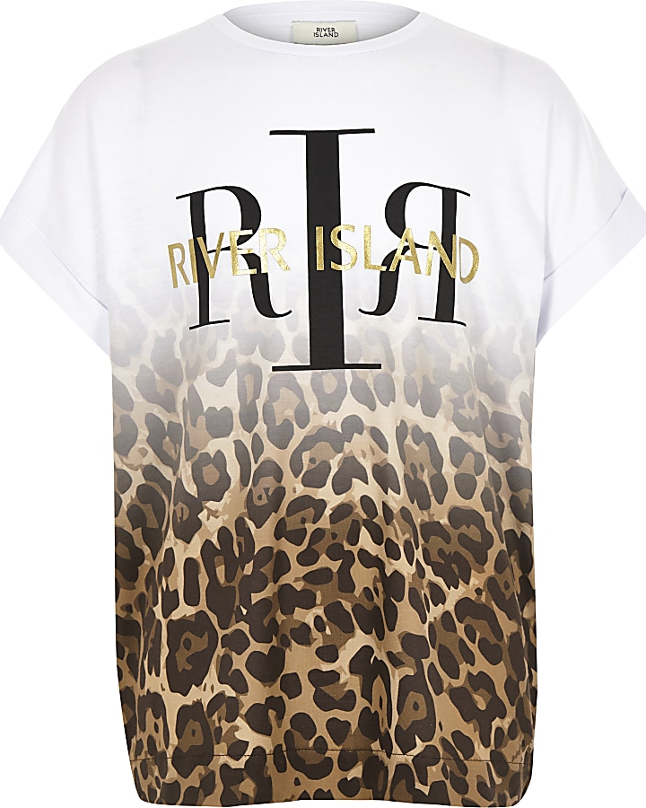 Girls white RI leopard print fade T-shirt