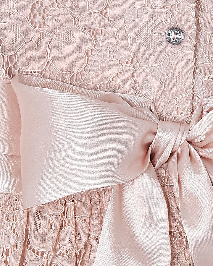 Mini girls pink lace bow back prom dress