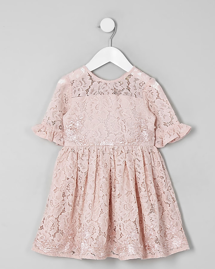 Mini girls pink lace bow back prom dress