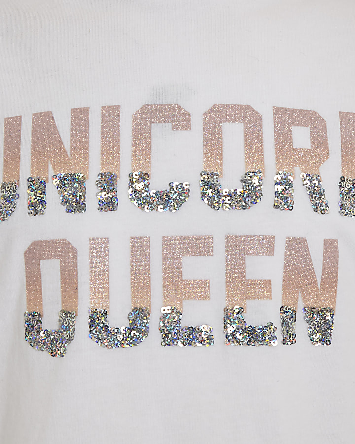 Girls white ‘Unicorn queen’ sequin T-shirt