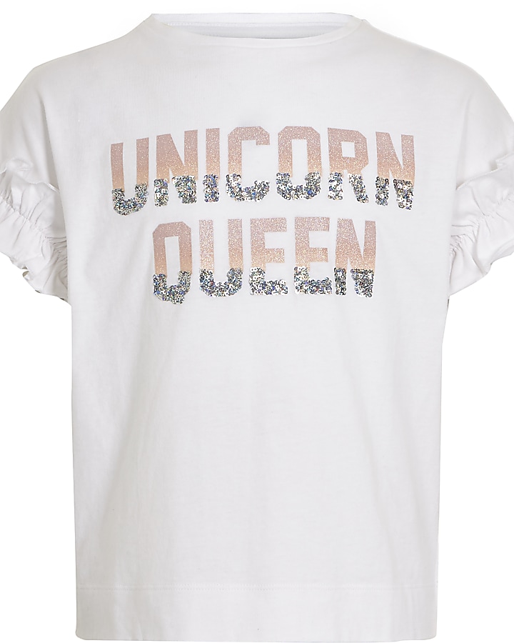 Girls white ‘Unicorn queen’ sequin T-shirt
