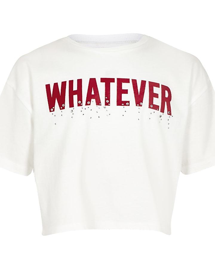 Girls white ‘Whatever’ tape T-shirt