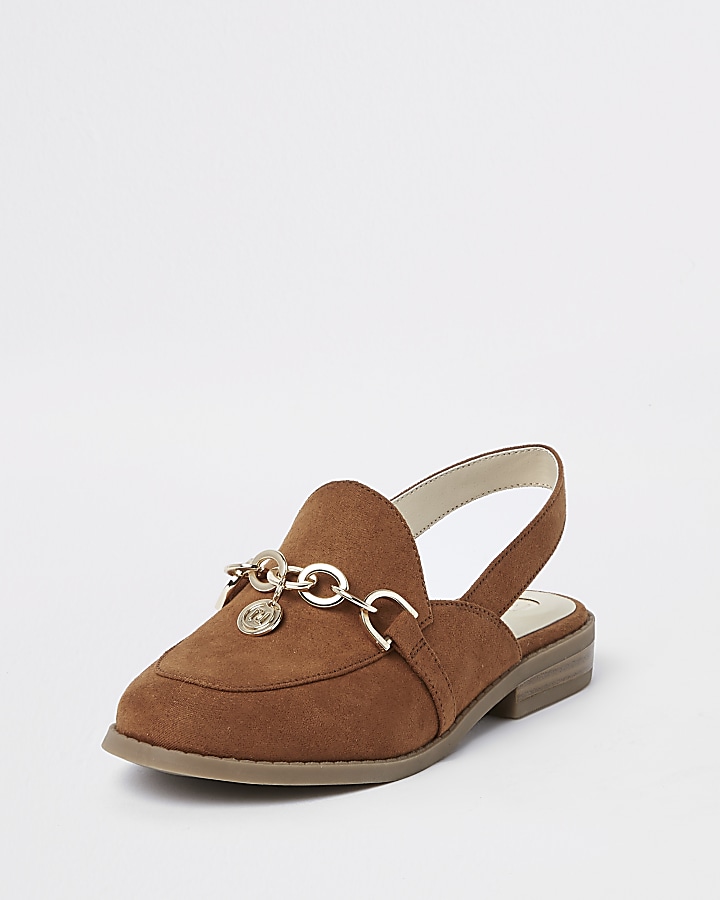 Girls brown chain backless loafers