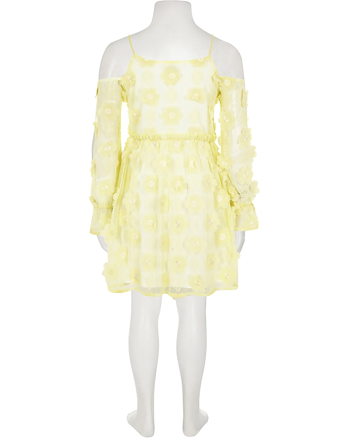 Girls yellow flower cold shoulder dress