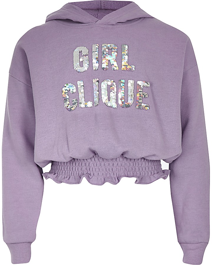 Girls purple 'Girl clique' sequin hoodie