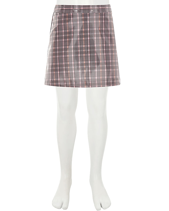Girls pink check coated mini skirt