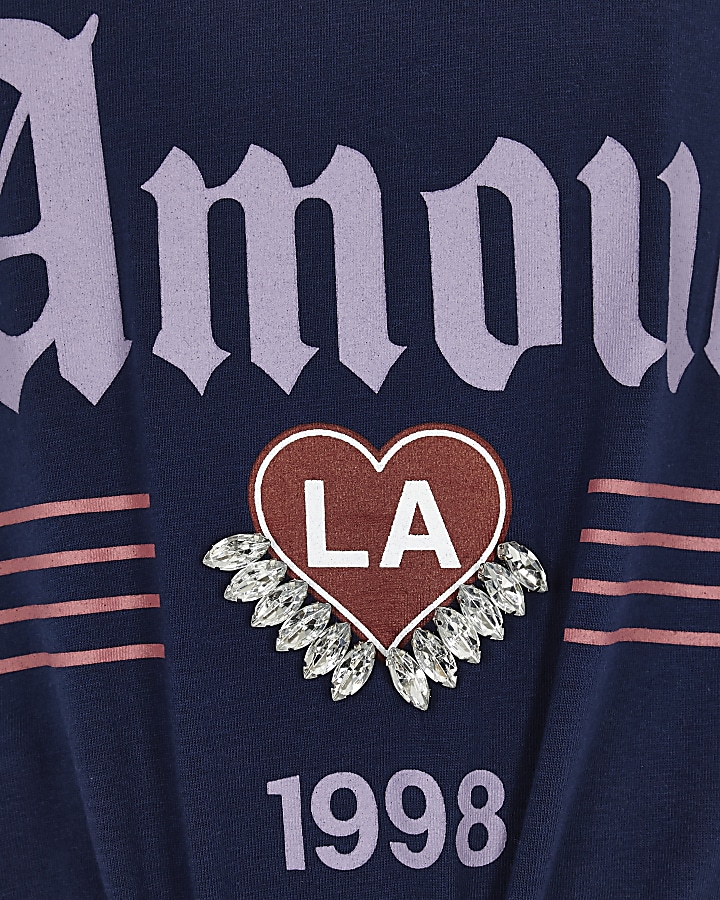 Girls navy ‘Amour’ tie front T-shirt