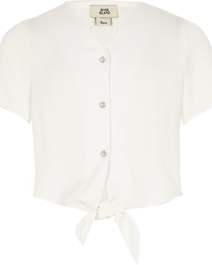 Girls white button tie front cropped top