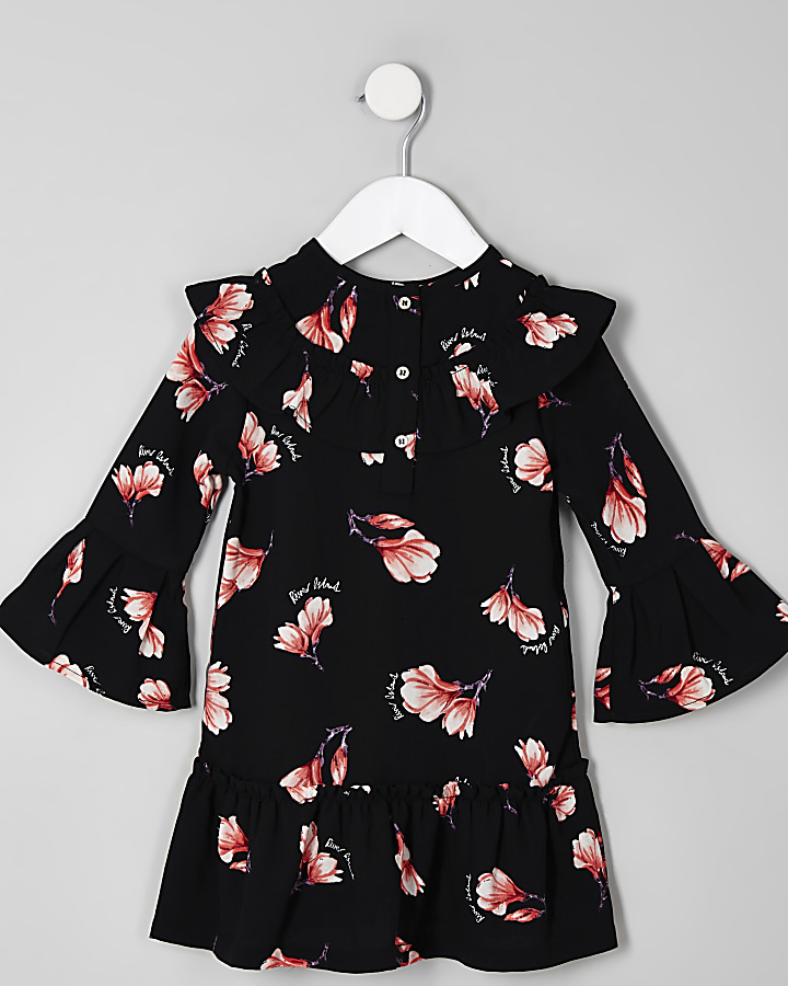 Mini girls black floral peplum swing dress