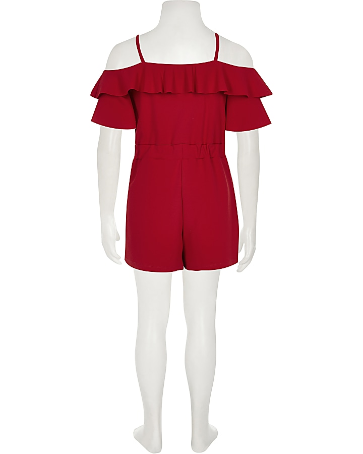 Girls red ruffle cold shoulder playsuit