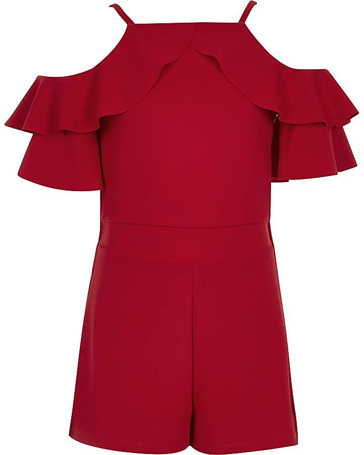 Girls red ruffle cold shoulder playsuit