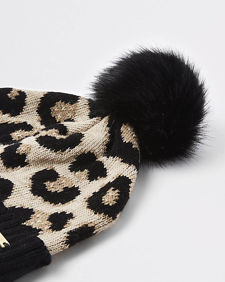 Mini girls brown leopard print beanie hat