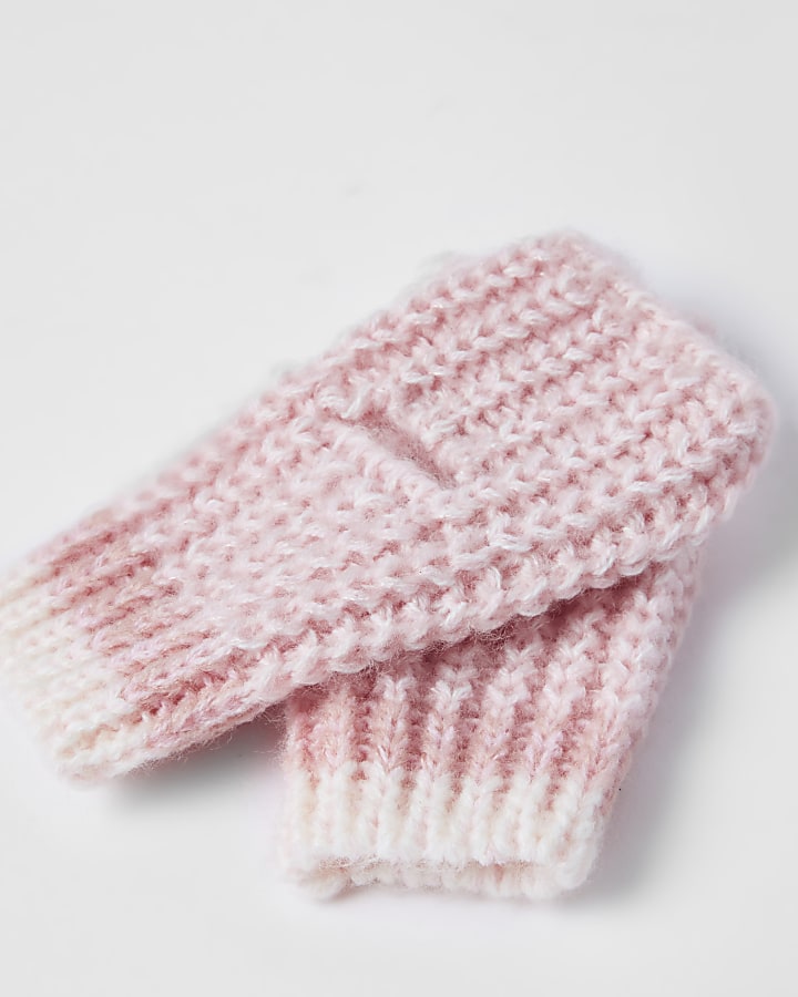 Mini girls pink knit faux fur beanie hat set